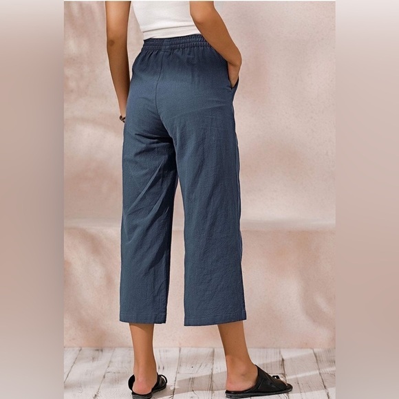 NWT - ECUPPER Casual Loose Elastic Waist Cotton Trouser Cropped Wide Leg Pants - Picture 3 of 7